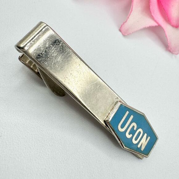 Vintage UCON Tie Bar Clasp Clip Company Advertising Logo Collectible Blue White - Picture 1 of 9